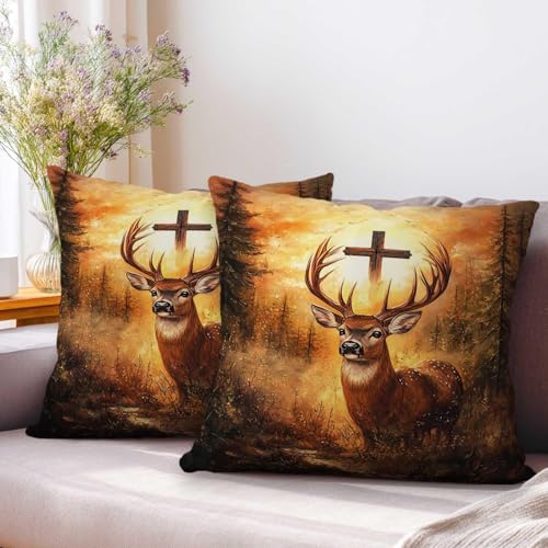 Deer Throw Pillow Covers 18x18 Set of 2 | Christian Cross Decorative Cushion Covers | Rustic Woodland Buck Pillowcases for Sofa Couch Bed Cabin Lodge Home Decor - color: Deer Forest