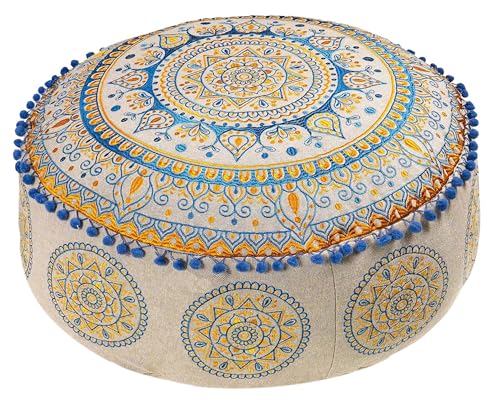 Boho Floor Pillow Cover Round Moroccan Large Pouf Ottoman Room Décor Cushion for Meditation Yoga and Boho Chic Bohemian Furniture Perfect for Living Room, Bedroom, Nursary or Children Room Unstuffed - color: Golden Blue, style: Pouf Cover