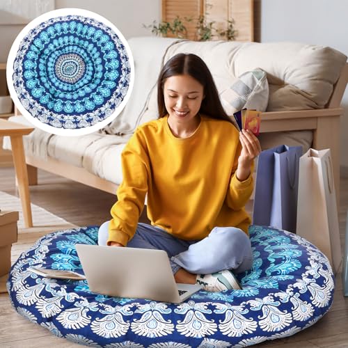 35 Inch Extra Large Mandala Floor Cushion Round Meditation Floor Pillow | Bohemian Style, Oversized Floor Cushion, Fluffy and Lightweight, Corduroy and Pearl Cotton, Yoga Cushion - color: Navy Blue, style: Bohemian