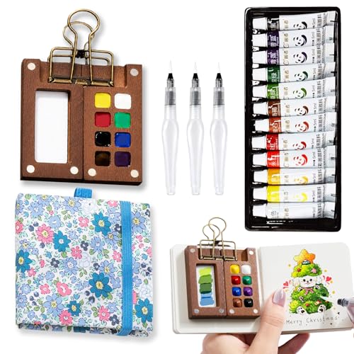 Mini Watercolor Paint Set, Travel Portable Palette for Sketching | 12 Colors Wooden, Includes 3 Water Brushes, Sketchbook, Palette and Clip; 6x6cm Mini Kit for Travel, Outdoor Sketching - color: BLUE