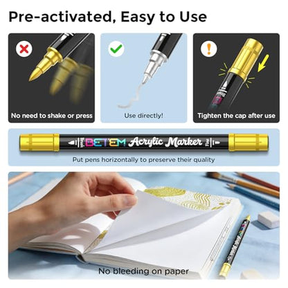 Betem 2 Gold & Silver Paint Markers for Glass, Dual Tip Acrylic Paint Pens | Window, Fabric, Wood, Rock, Canvas, Acrylic Markers with Fine & Brush Tip, Art & Craft Supplies, Wine Glass Markers