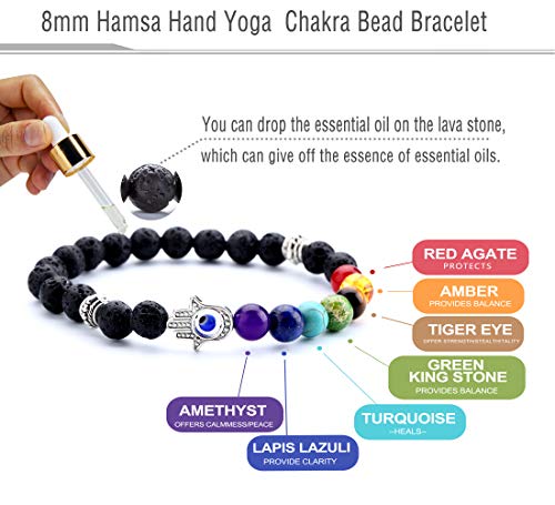 Men Women 8mm Lava Rock 7 Chakra Beads Chakra Bracelet - color: Hamsa hand