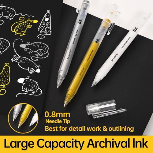 GETHPEN 3-Pack Gold Gel Pens, 0.8mm Fine Opaque Archival Ink Pens | Metallic Ink Pens for Black Paper Drawing, Sketching, Illustration, Bullet Journaling, Card Making - size: 1 Count (Pack of 3), style: 3 Pack Gold