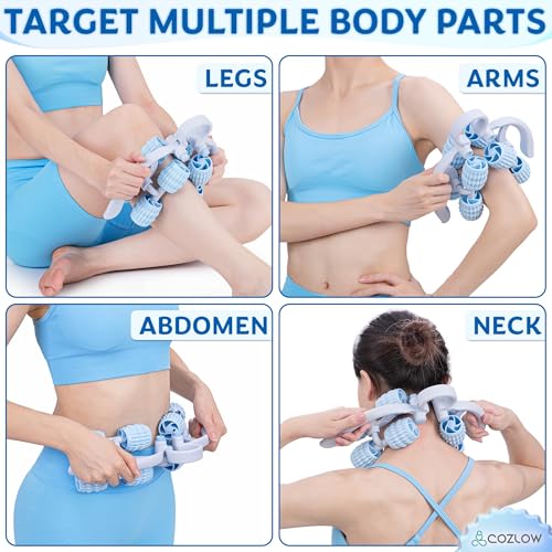 COZLOW Leg Massage Roller - Adjustable Arm Belly Massager Roller Stick to Reduce Cellulite Appearance - Deep Tissue Myofascial Release Tool - Lymphatic Drainage Massaging Tool - color: Blue/White