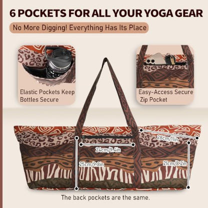 Yoga Mat Bag Yoga Tote Bag with Large Waterproof Zipper Pocket and Drawstring Pocket Yoga Mat Bag Carrier Fit Most Size Mats and All You Stuff - color: brown