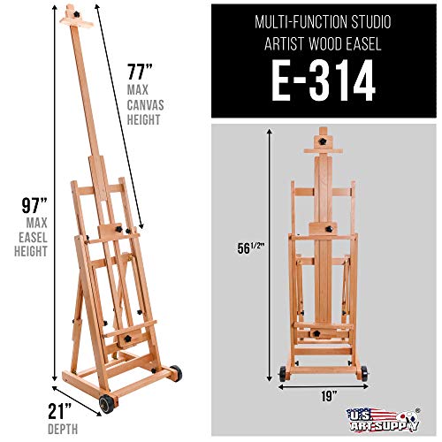U.S. Art Supply Master Multi-Function Studio Artist Wooden Floor Easel | Large Heavy Duty Adjustable H-Frame, Tilts Flat, Mast Adjusts to 97" High, Beechwood Painting Canvas Holder Stand with Wheels