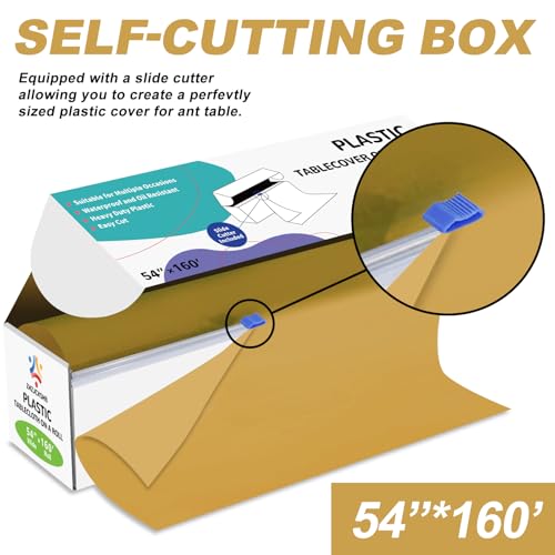 54IN X 160FT Plastic Table Cover Roll with Cutter Box, Cut to Size Plastic Table Cloths for Parties, Birthday, (Gold, 54"x1920") - color: Gold, size: 1920" x 54" (Rectangular)