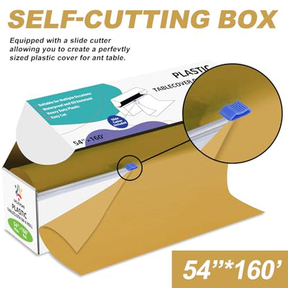 54IN X 160FT Plastic Table Cover Roll with Cutter Box, Cut to Size Plastic Table Cloths for Parties, Birthday, (Gold, 54"x1920") - color: Gold, size: 1920" x 54" (Rectangular)