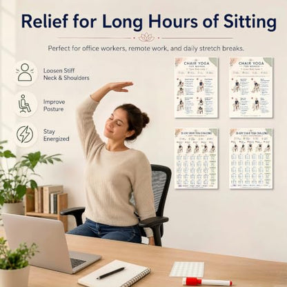 Chair Tai Chi Workout Chart & Yoga Poster for Seniors & Beginners | Set of 6 Illustrated Guides & 6 30-Day Challenges, Laminated Gentle Seated Exercise Charts for Mobility, Balance, Flexibility