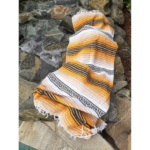 Open Road Goods Multi Color Mexican Falsa Blanket - Handwoven in Mexico - Great for The Beach, Picnics, Yoga, or a Throw! (Tan/Yellow) - color: Tan/Yellow