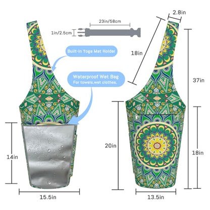 Mandala Yoga Mat Bag with Large Waterproof Zipper Pocket and Drawstring Pocket Long Tote Yoga Mat Carrier Holder Bags Fit Most Size Mats - color: Green