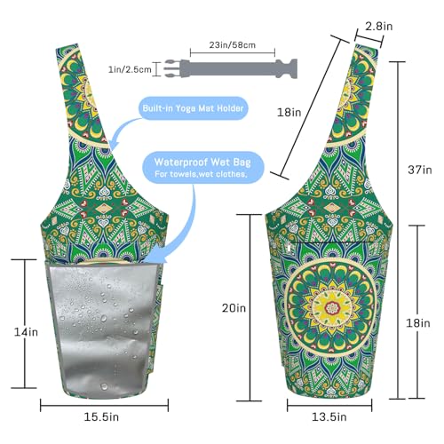 Mandala Yoga Mat Bag with Large Waterproof Zipper Pocket and Drawstring Pocket Long Tote Yoga Mat Carrier Holder Bags Fit Most Size Mats - color: Green