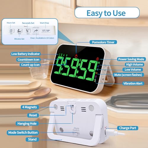 TXL Digital Timer for Classroom, Pomodoro & Kitchen, Rechargeable Magnetic Countdown Timer with Large LED Display, Loud Alarm, 3 Volume Levels, Vibration Mode & 3 Brightness Settings