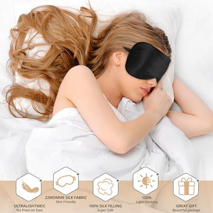Sleep Mask, 100% 22 Momme Mulberry Silk Eye Mask with Adjustable Strap | Eye Sleeping Mask for Women Men, 100% Mulberry Silk, 22 Momme 6a Fibers, Blackout Blindfold Eye Cover for Side Sleeper(Black) - color: Black 22 Momme