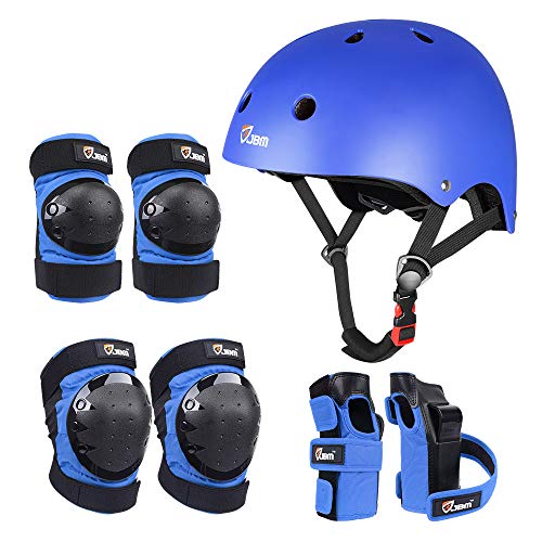 JBM Adult & Kid Skating Protective Gear Set for Beginner to Advanced, Skateboard Helmet Knee and Elbow Pads with Wrist Guards for Inline Roller Skating, Scooter, Skateboarding - color: Blue, size: Medium (8-14 years)