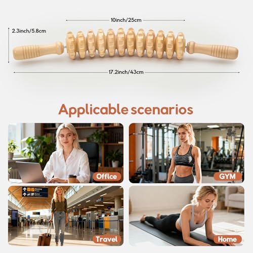 Manual Wooden Massage Stick for Legs Cellulite Remover, Massage Tool, Fascia Blaster - Reduces Cellulite on Legs and Other Body Parts (12 Wheel/White)