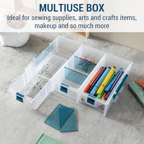 MyGift Single Stackable Tray, Add-on for 11 Inch Clear Arts & Crafts Storage Box with Blue Accents, 9 Compartment Sewing Supplies Organizer 3 Drawers and Removable Dividers - color: Clear& Blue (Add on Tray Only)