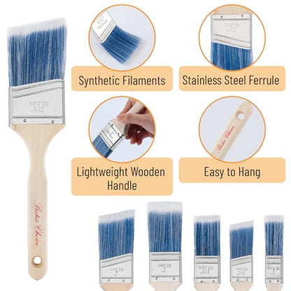 Bates- Paint Brushes, 6 Pack, 1", 1.5", 2" Angle Brushes, Wooden Handle | for Walls Stain Furniture Interior Painting & Detail Work