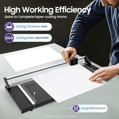 Rotary Paper Trimmer, 24" Cut Width Professional Paper Cutter, Efficient & Multi-Angle Cutting, Heavy Duty Paper Cutter for Photo Paper, Film, Art Paper Jam, 65# Manganese Steel
