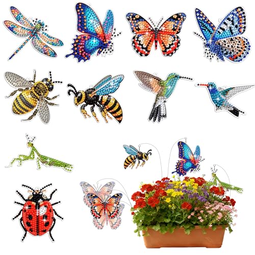 Muzagroo Art 10 Pcs Diamond Art Kits for Garden Decor Butterflies Hummingbirds Swaying in The Wind Insects Diamond Painting Kits for Adults with Iron Stakes Garden Decor Gem Art Kits Adults Crafts - color: Garden Décor