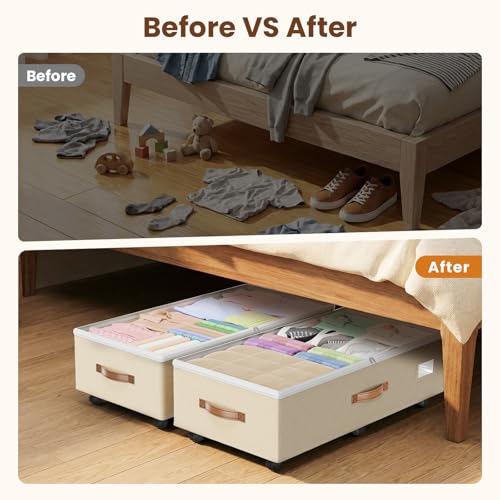 Budding Joy 80L 2 Pack Adjustable Under Bed Storage with Wheels, Beige - color: Beige