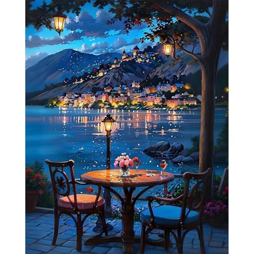 Paint by Numbers Kit for Adults, Night DIY Acrylic Painting Kit, 16x20 Inch | Lake Village Paint by Numbers for Adults Beginners, Without Frame, Relaxing Hobby, Cozy Wall Art, Home Decor, Creative Gift - color: CYOP1P06