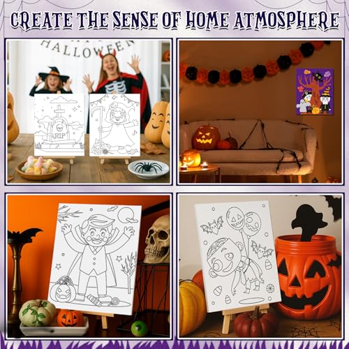 Sherr 96 Pcs Pre Drawn Canvas Kit 12 Sets with Easel Apron,Halloween | Adult Painting Party Set with Brushes Paints Wine Glasses, 8x10 Ready to Paint, DIY Craft for Paint Parties and DIY Crafts - style: Halloween