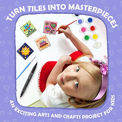 Magnetic Mini Tile Art - DIY Craft Kit; Design and Paint Magnet Tiles - Kids Paint Arts & Crafts Project; Includes 12 Tile Magnets, 8 Paint Colors, 2 Brushes and Marker; Fun Ceramic Tile Painting Kit