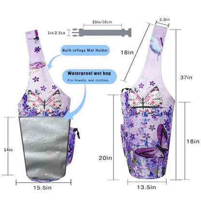 Yoga Mat Bag - Large Opening Long Tote Yoga Mat Carrier Holder Bag with Waterproof Wet Zipper Pocket and Drawstring Water Bottle Pocket - Yoga Bag Fit Most Size Mats - color: Butterfly