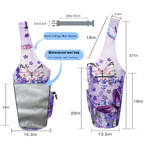 Yoga Mat Bag - Large Opening Long Tote Yoga Mat Carrier Holder Bag with Waterproof Wet Zipper Pocket and Drawstring Water Bottle Pocket - Yoga Bag Fit Most Size Mats - color: Butterfly