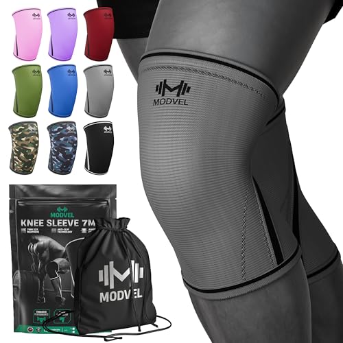 Modvel 7mm Neoprene Knee Sleeves for Men & Women Weightlifting & Powerlifting – Compression Knee Sleeve Support for Squats, Gym, Training – USPA, IPL Approved – Large Grey (Pair) - color: GREY, size: Medium