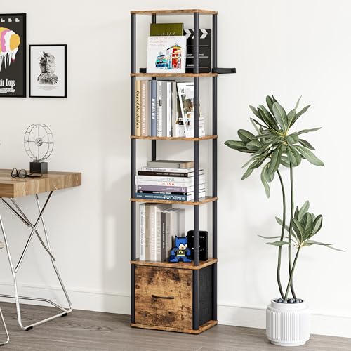 6-Tier Bookshelf with Drawer,Narrow Bookshelves Organizer,Floor Standing Ladder Shelf,Tall Bookcase for Small Space,Book shelf with Storage for Living Room, Bedroom, Office, Study Rustic Brown HBC505R - color: Rustic Brown