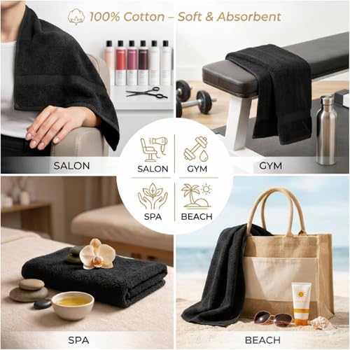 HOME ESSENTIALS Salon Towels (15 x 25 inches) 24 Pack, Black Hand Towels for Bathroom, Quick Dry Gym Towels, Spa Face Towel, Absorbent Cotton Towels for Barber, Gym, Bath, Pedicure and Home Hair Care - color: Black
