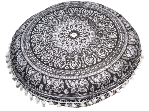 ICC Floor Pillows & Cushion Covers, Decorative Hippie Mandala Pouf Pillow Cover Bohemian Seating Meditation Cushion Cover, Large Boho Ottoman Case Pillowcase for Couch Black Elephant, 32" Round - size: 32" x 32" (Pack of 1), style: Black Elephant