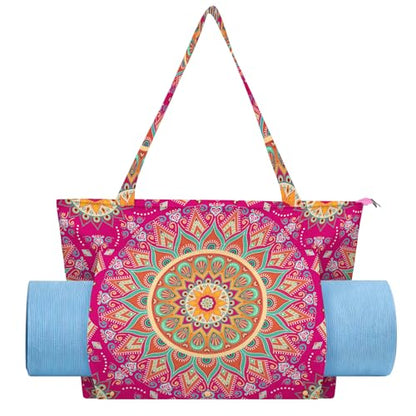 Mandala Yoga Mat Bag Large Yoga Bags and Carrier Fits All Your Stuff Yoga Tote Bags with Zipper Pocket Pilates Bag - color: Pink