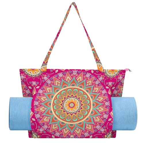 Mandala Yoga Mat Bag Large Yoga Bags and Carrier Fits All Your Stuff Yoga Tote Bags with Zipper Pocket Pilates Bag - color: Pink