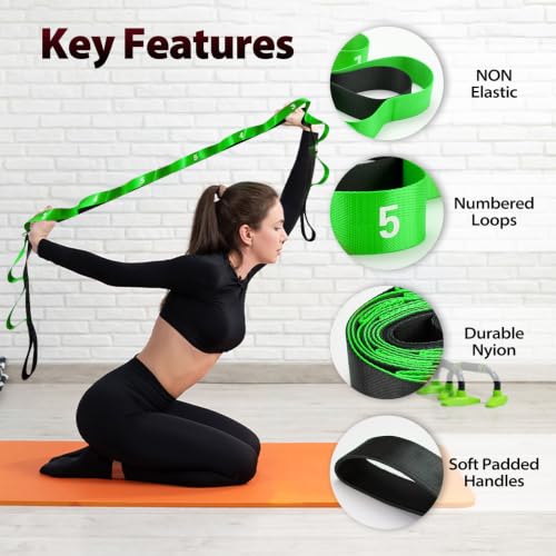 Acozycoo Stretching Strap with Loops for Physical Therapy,Knee,Calf,Back - color: Green, size: Length: 86 Inch, Width: 1.5 Inch