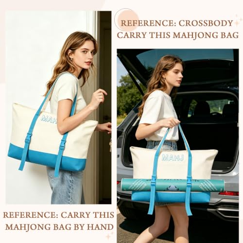 Mahjong Bag Storage Carrying Case for Tiles with Shoulder Strap (Blue) | 3-Bag System, External Mat Strap, Large Capacity, Lightweight Canvas, Reinforced Stitching, Fast Packing. - color: Blue
