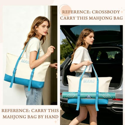 Mahjong Bag Storage Carrying Case for Tiles with Shoulder Strap (Blue) | 3-Bag System, External Mat Strap, Large Capacity, Lightweight Canvas, Reinforced Stitching, Fast Packing. - color: Blue