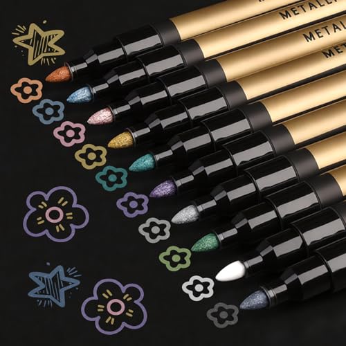 10 Color Metallic Markers, Glitter Metallic Acrylic Paint Pens | Permanent Sparkle Markers For Rock Painting, Black Paper Crafts, Card Making, Scrapbooking, Glass, Wood, Metal, Ceramic