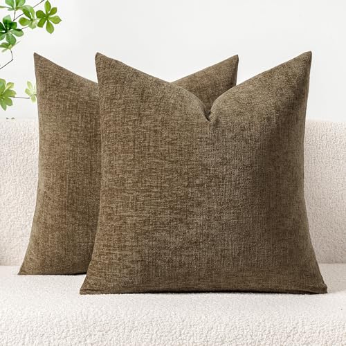 MIULEE Soft Chenille Fall Throw Pillow Covers Coffee 16x16 Inch Pack of 2 | Modern Fall Home Decor, Classic Decorative Pillows, Solid Dyed Cases, Boho Couch Cushion Covers for Sofa Bed Living Room - color: Coffee, size: 16" x 16" (Pack of 2)
