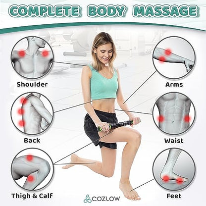 Muscle Roller Stick - Black Green - Hand Held Body Massager with 9 Rollers & Non-Slip Handles - Deep Tissue Massage & Maximum Muscle Recovery - Leg, Back, Arm, Thigh, Butt Sculpting Tool - by Cozlow - color: Black, Green