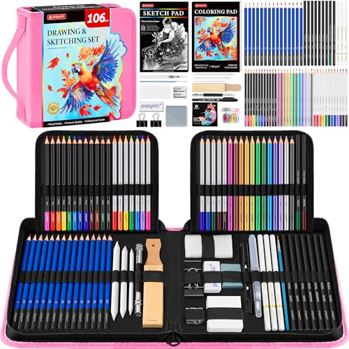106 Pack Drawing Set Sketching Kit, Pro Art Supplies Sketch Pencils Set | with 3-Color Sketchbook, Coloring Book, Tutorial, Graphite Colored Charcoal Watercolor & Metallic Pencils - color: Pink, size: 106 Pack