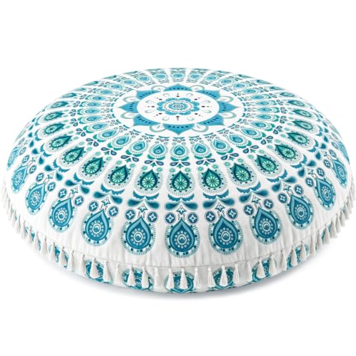 Hihealer Meditation Cushion, Large Velvet Floor Pillow for Yoga, Meditation | Round Memory Foam Bolster Pillow, 36" Mandala Boho Cushion, Supportive & Ergonomic - color: Green