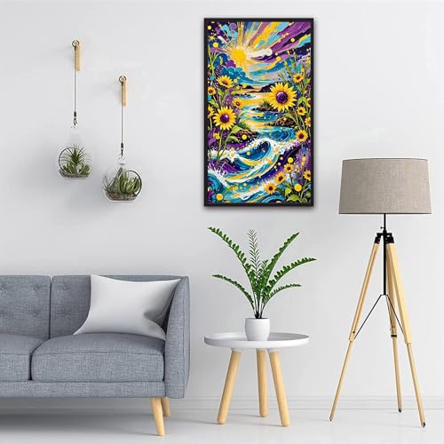 ARTGOTO Large Paint by Numbers for Adults Sunflower Seascape | 15.7x27.5inch/40x70cm Paint by Number Kit on Canvas, Ocean Wave Acrylic Painting Set with Brushes & Instructions, No Frame - color: PBN055