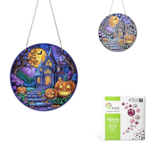 MAXBYE Diamond Art Kits Hanging Halloween Haunted House, DIY 5D Special Shaped Diamond Painting Craft Gem Art Rhinestone for Adults and Home Window Door Decor 8×8 Inch, Happy Halloween - color: XSL074