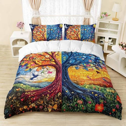 AILONEN Blue Gold Tree of Life Duvet Cover Set Full,Sun and Moon Boho Bedding Set,3 Pieces Plant Tree Quilt Cover with 2 Pillowcases - color: S-tree of Life29, size: Full
