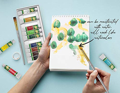 MyArtscape Supplies Paint Set - Gouache 12 x 12ml Paint Tubes - Fade-proof - Rewettable - High Pigment Load - with Premium Set of 15 Short Handle Art Brushes for Watercolor, Acrylic & Oil Painting