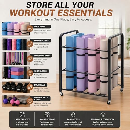 32'' x 21'' x 31'' Yoga Mat Storage Cart with Wheels, Floor Metal Gym Foam Rollers Storage Organizer, Yoga Mat Holder Basket for Commercial and Home Gym Accessories