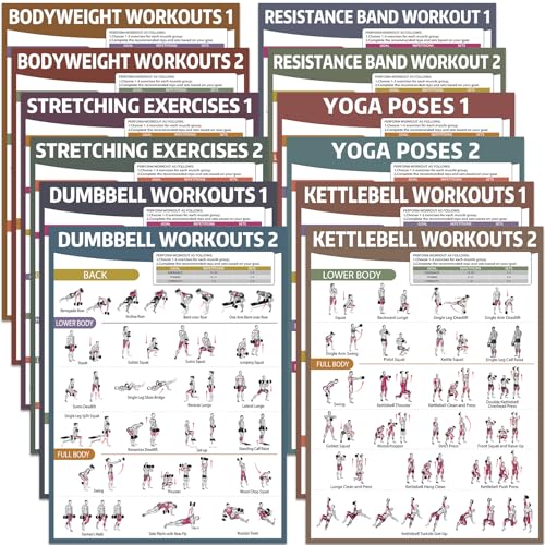 gisgfim 12 Retro Workout Posters for Home Gym Fitness Exercise Charts | dumbbells, bodyweight, stretching, resistance bands, yoga and kettlebells; 17 x 12.6 in, glossy front laminate - color: Retro